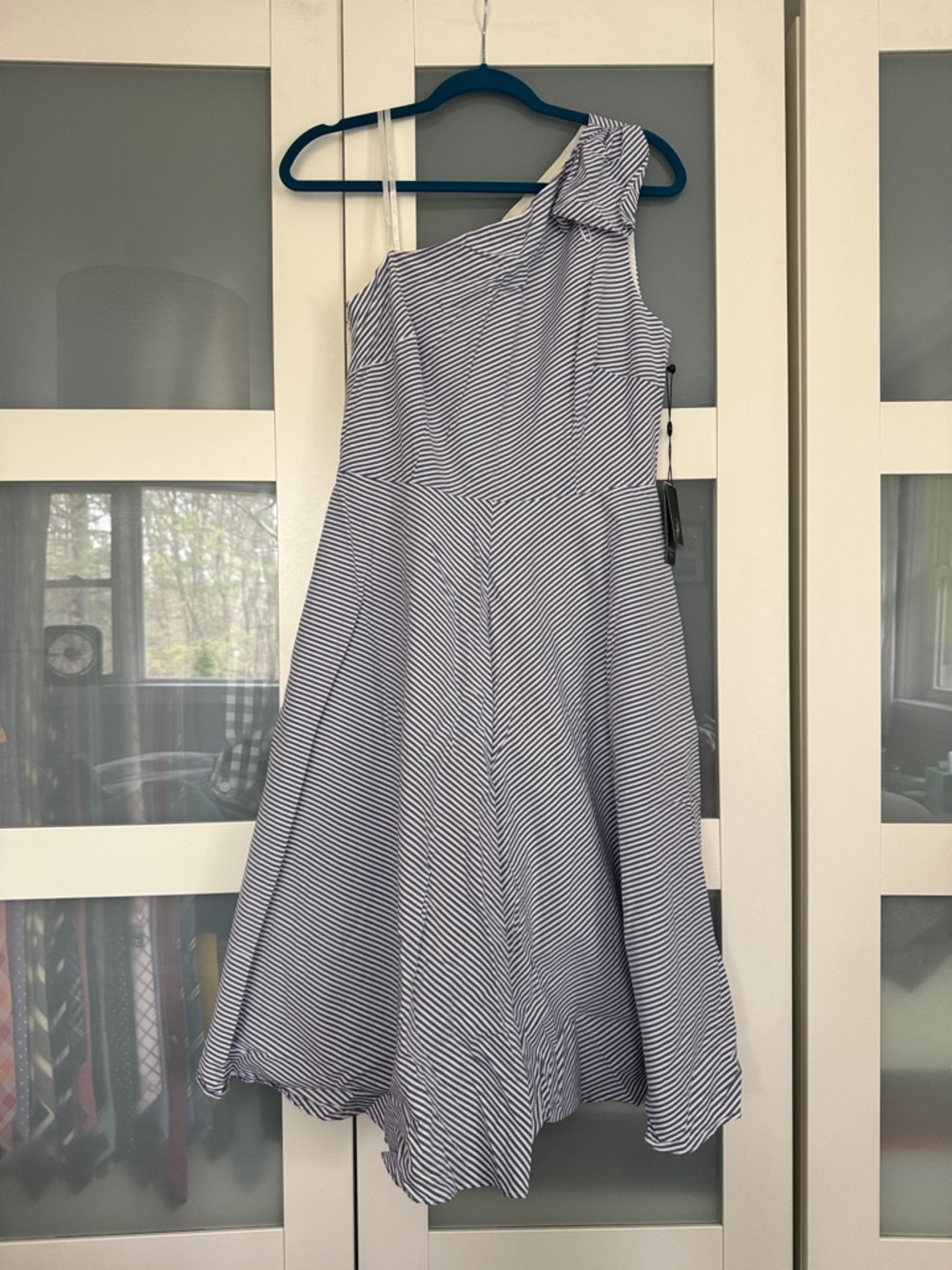 Adrianna Papell Blue and White Striped Lined One Shoulder Dress 8